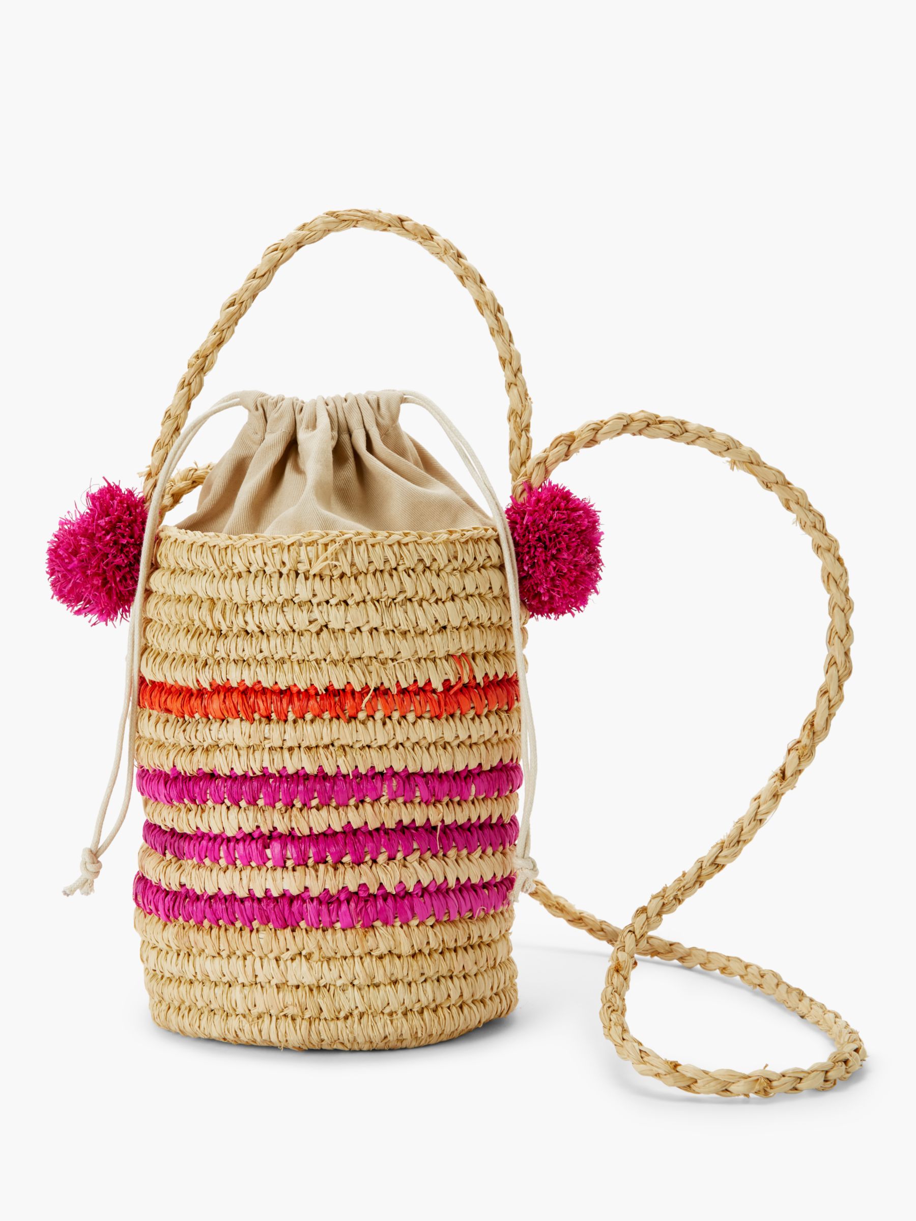 John Lewis & Partners Pom Pom Stripe Straw Bucket Bag, Natural/Multi