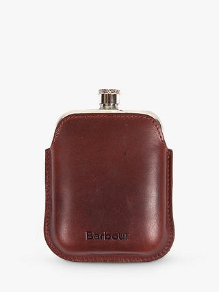 Barbour Stainless Steel Hip Flask and Leather Case, Brown