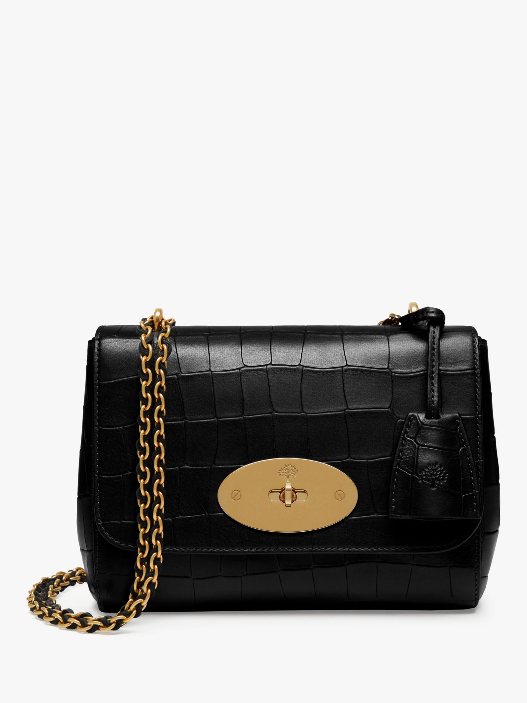 Mulberry Lily Croc Embossed Leather Cross Body Bag, Black/Gold at John Lewis & Partners