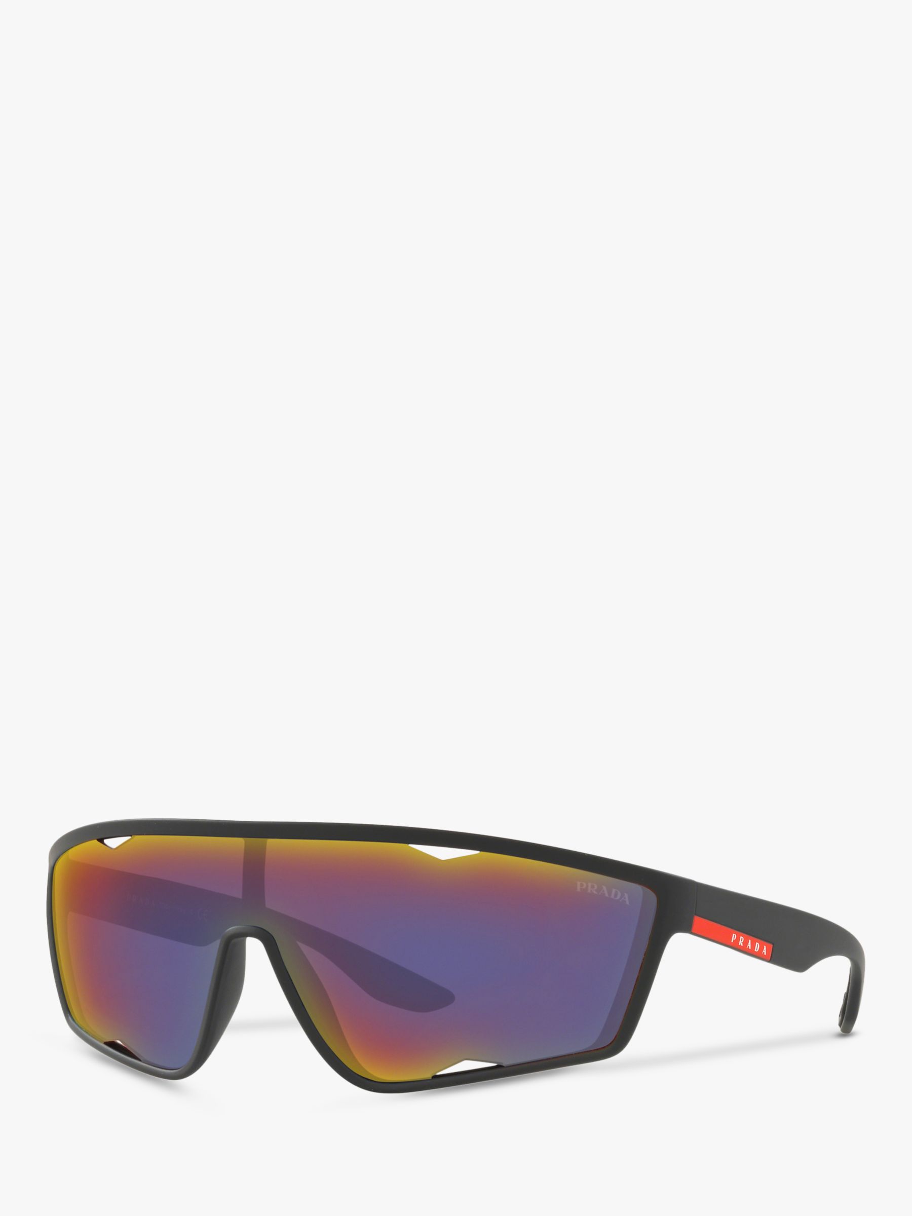 Prada PS 09US Men's Wrap Sunglasses, Black/Grey Mirror at John Lewis ...