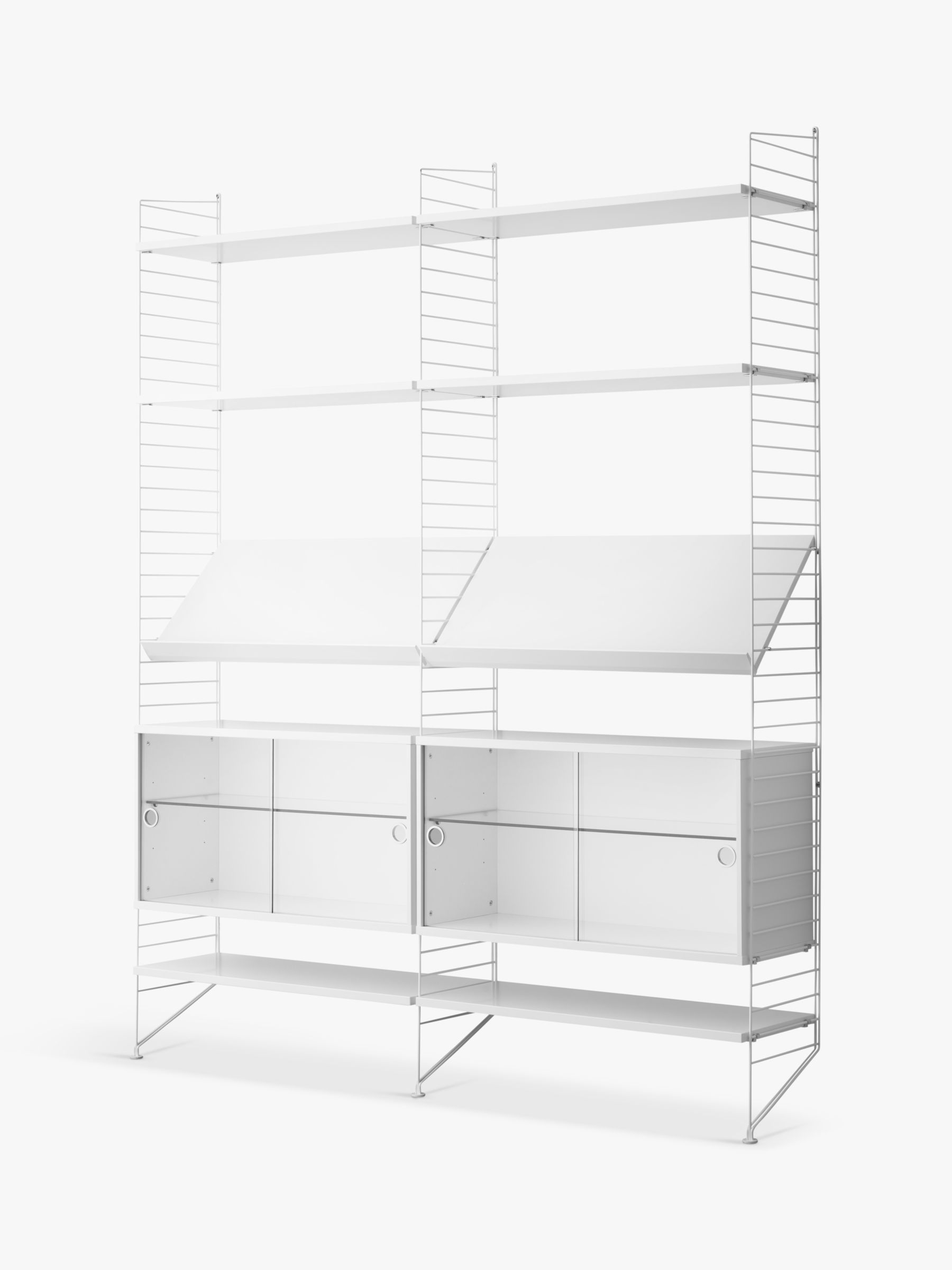 String Shelving Unit With Double Glass Door Cabinets Shelves And Wall Fastened Side Racks White