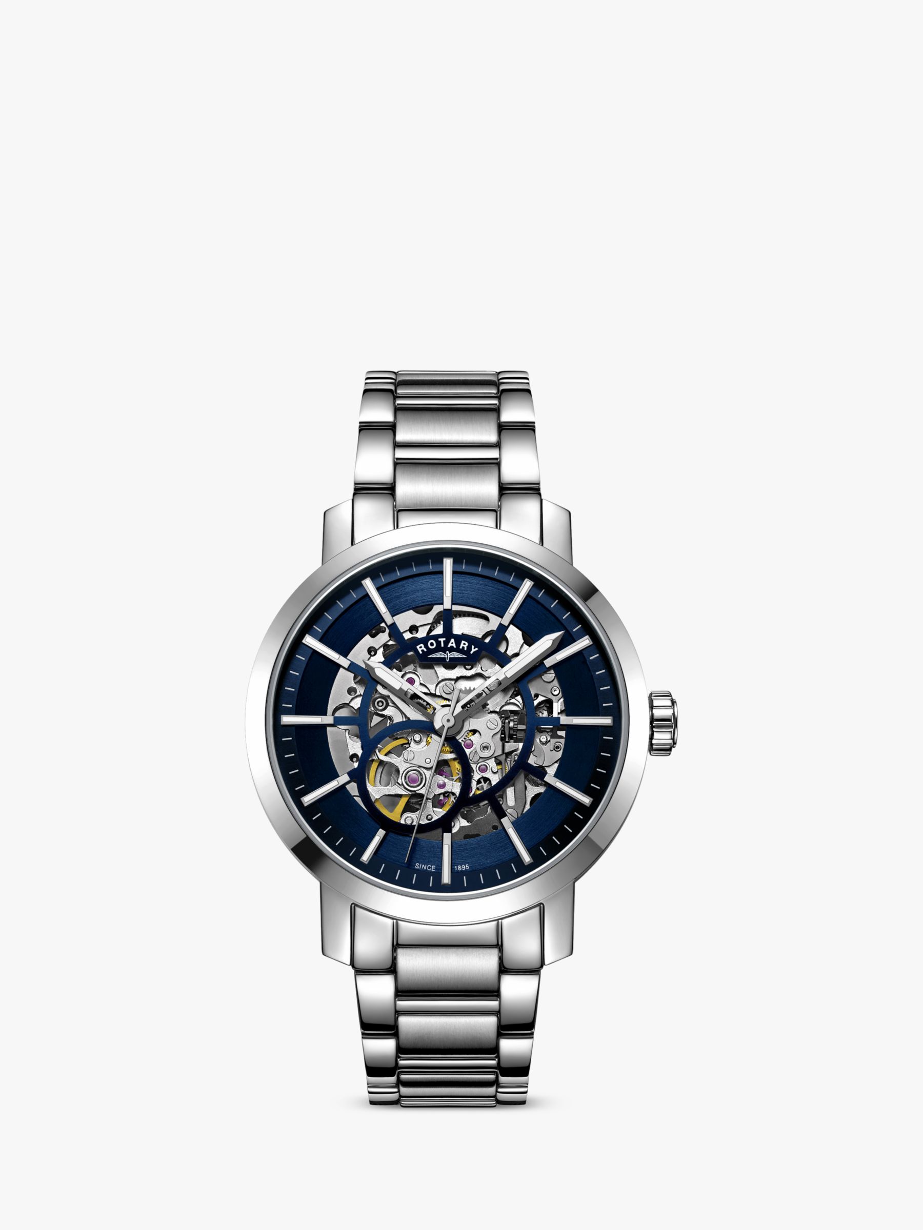 Rotary Men's Greenwich Skeleton Automatic Bracelet Strap Watch, Silver/Blue GB05350/05