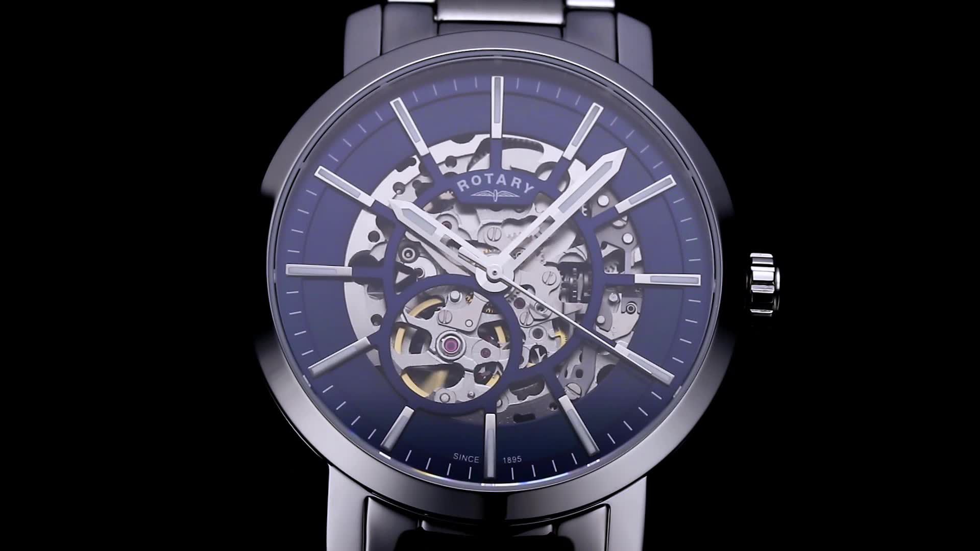 Rotary greenwich blue skeleton dial discount stainless steel automatic men's watch