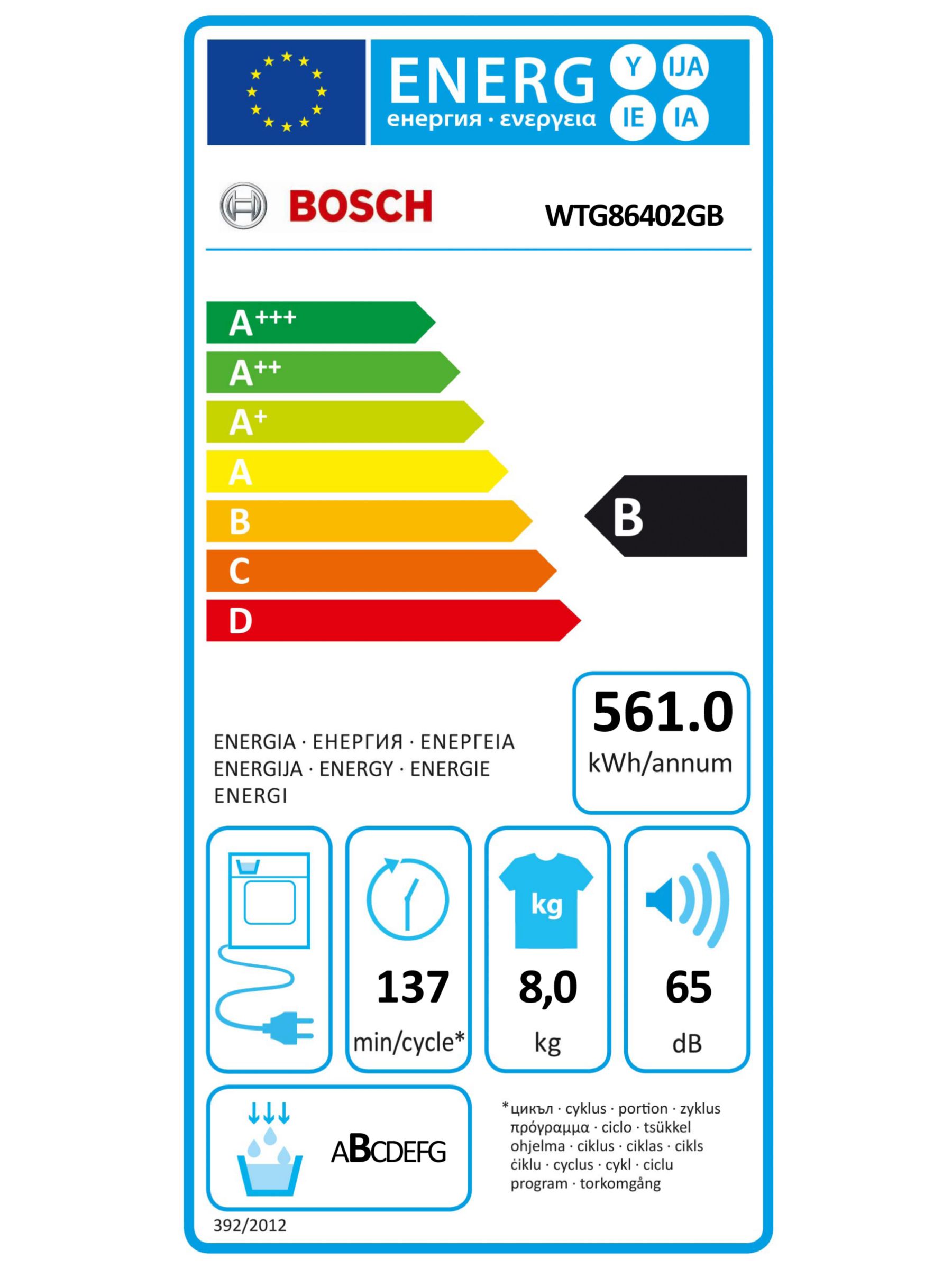 Bosch WTG86402GB Sensor Condenser Tumble Dryer, B Rating, White