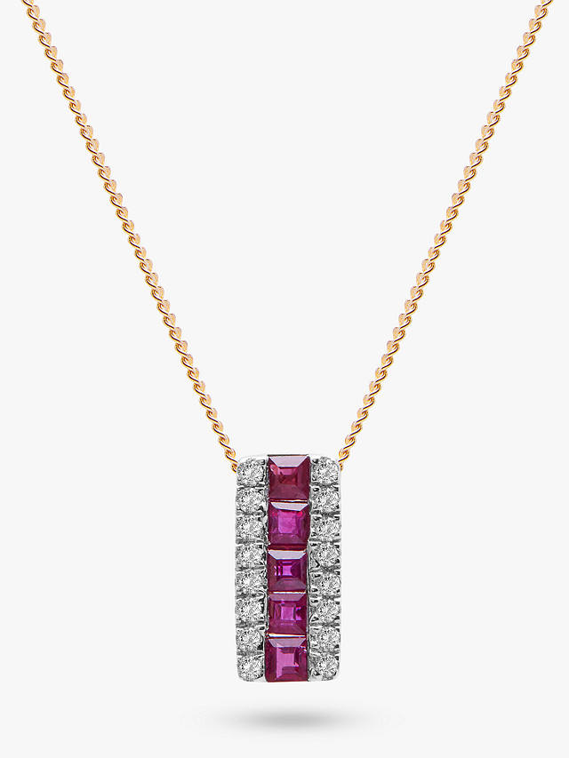 A B Davis 9ct Gold Diamond and Ruby Rectangular Pendant Necklace