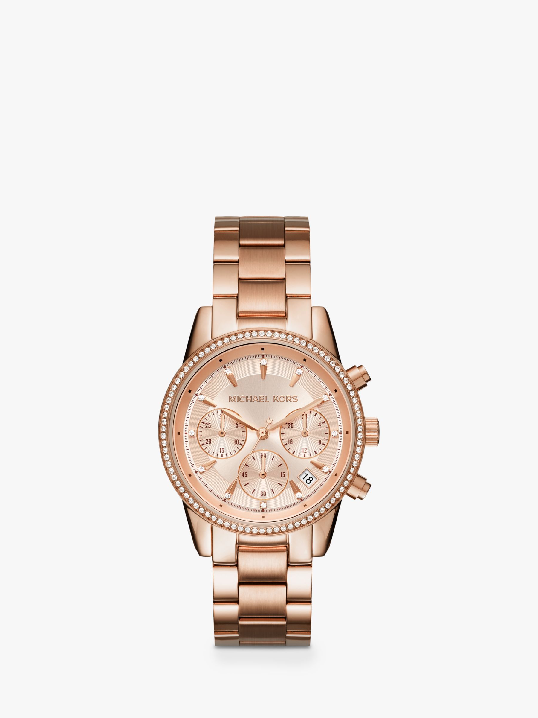 Michael Kors Women's Ritz Crystal Date Chronograph Bracelet Strap Watch,  Rose Gold MK6357 at John Lewis & Partners