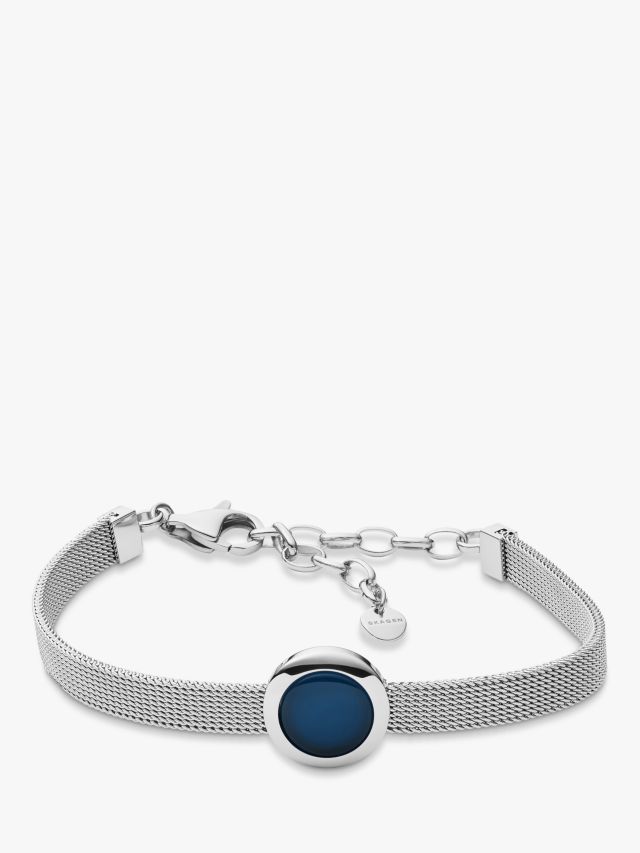 Skagen Sea Glass Round Charm Mesh Chain Bracelet, Silver/Blue