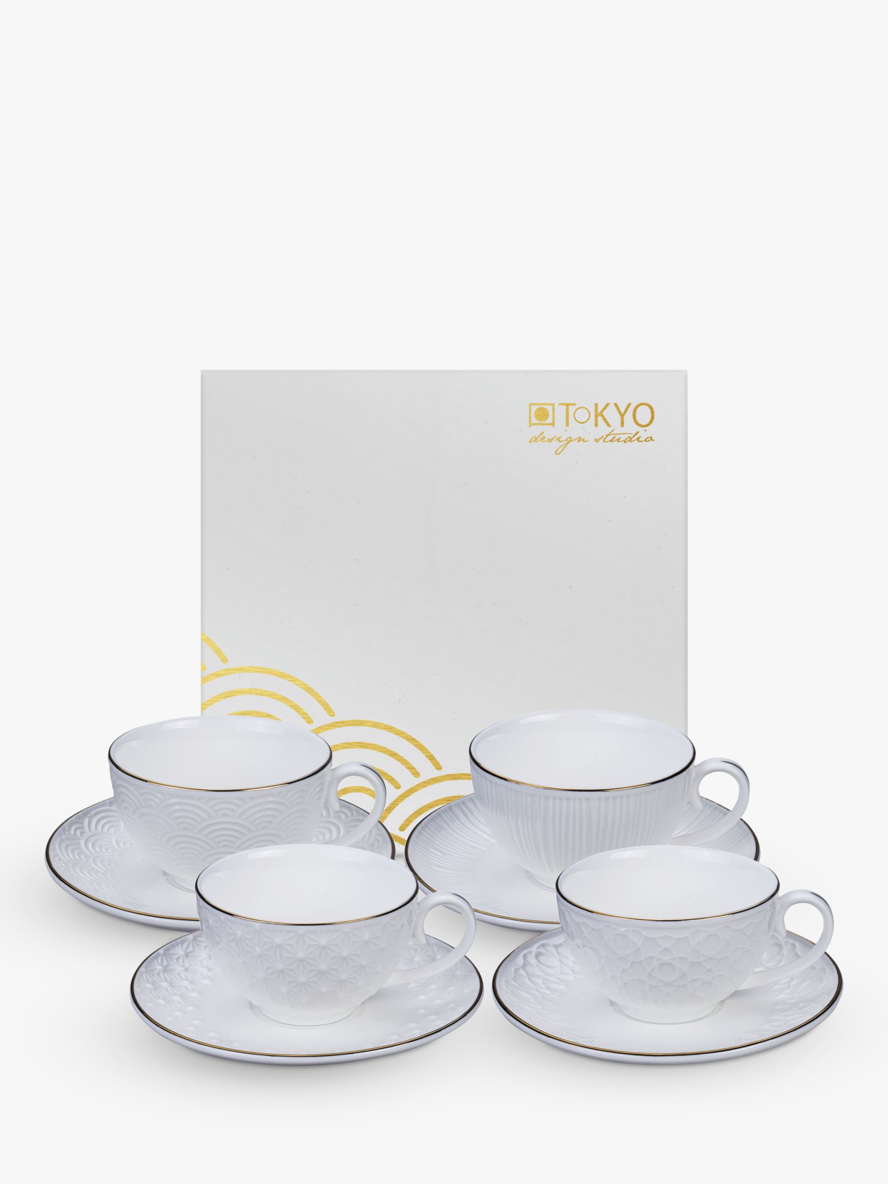 Tokyo Design Studio Nippon White Cup & Saucer, Set of 4, 250ml, White/Gold