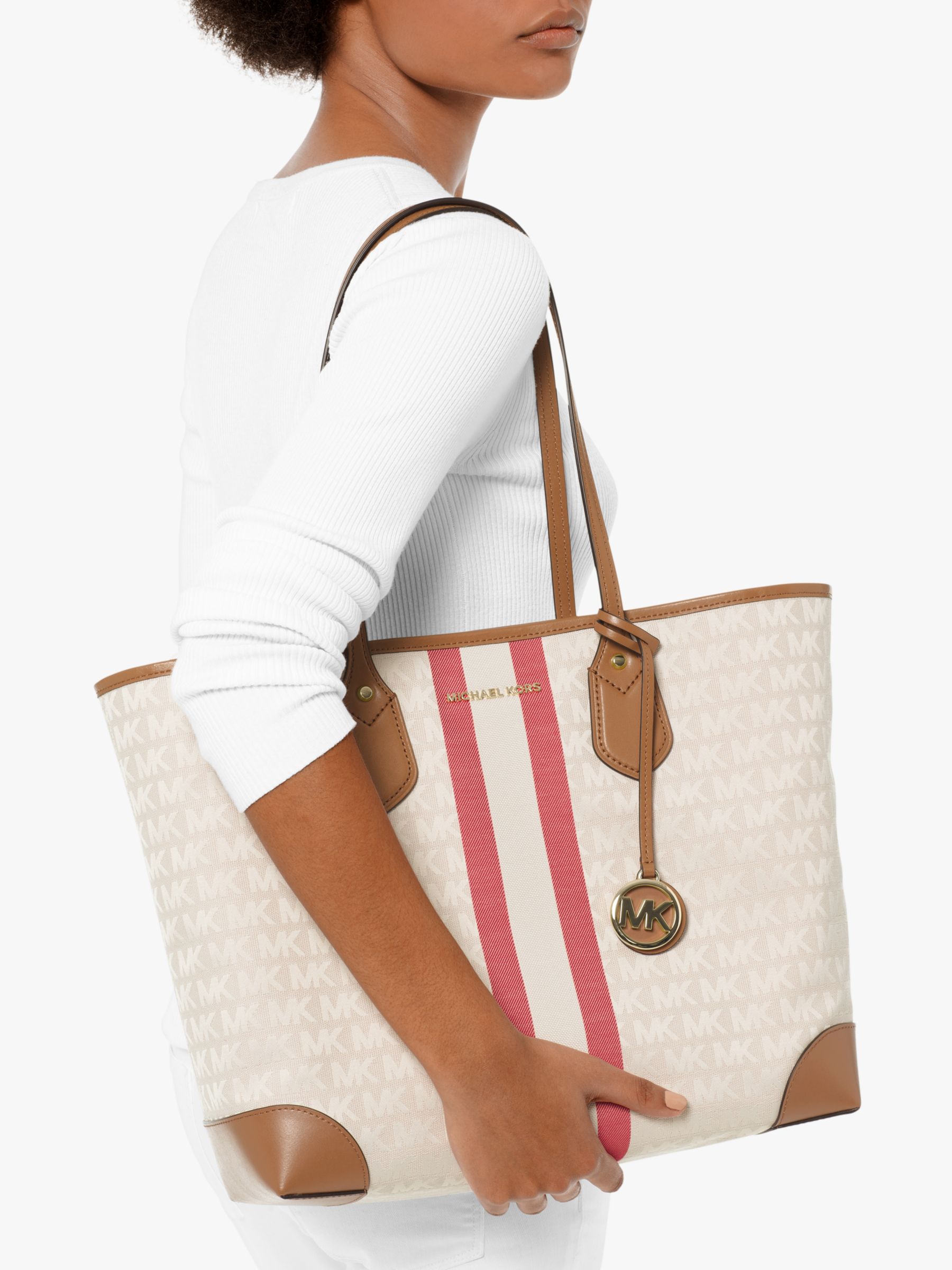 red and white striped michael kors purse