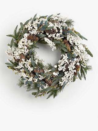 John Lewis & Partners Snowscape Pine Cone and Mistletoe Wreath, Green / White