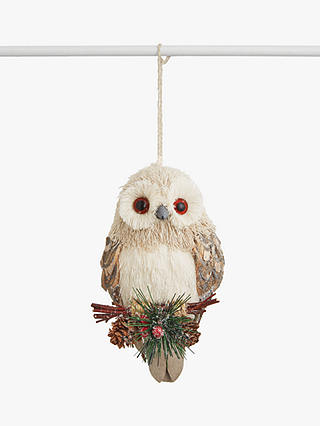 John Lewis & Partners Snowscape Owl with Pine Cone Tree Decoration, White