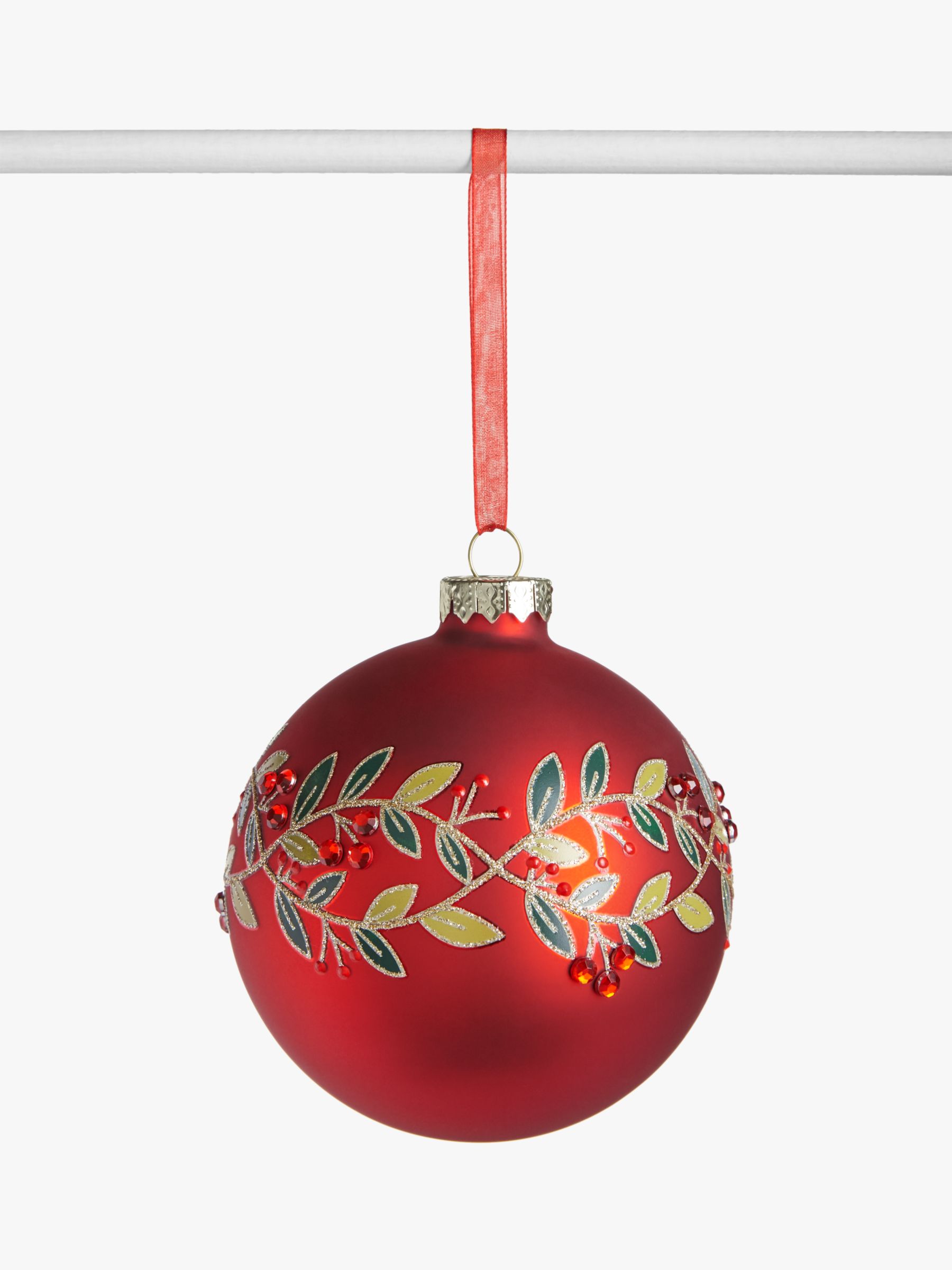 John Lewis & Partners Traditions Glitter Leaves Bauble, Red