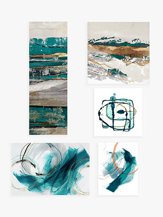 Tela - Abstract Gallery Canvas Prints, Set of 5, Turquoise/Gold