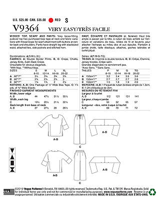 Vogue Women's Top, Scarf and Trousers Sewing Pattern, 9364, A