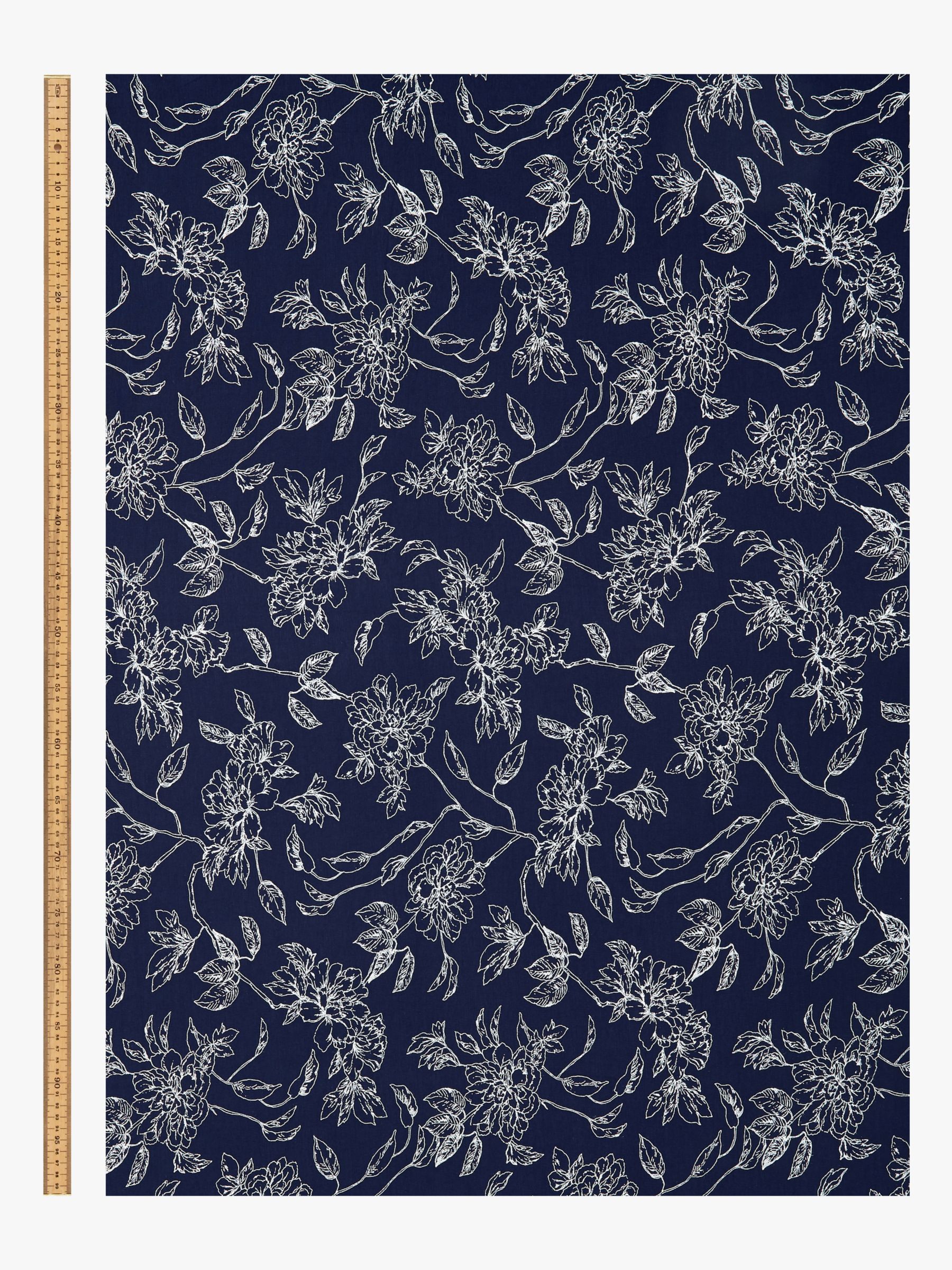 Montreux Fabrics Exclusive White Line Drawn Floral Print Fabric, Navy