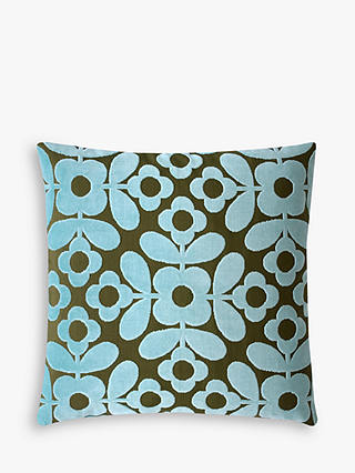 Orla Kiely Flower Tile Velvet Cushion, Duck Egg / Sage