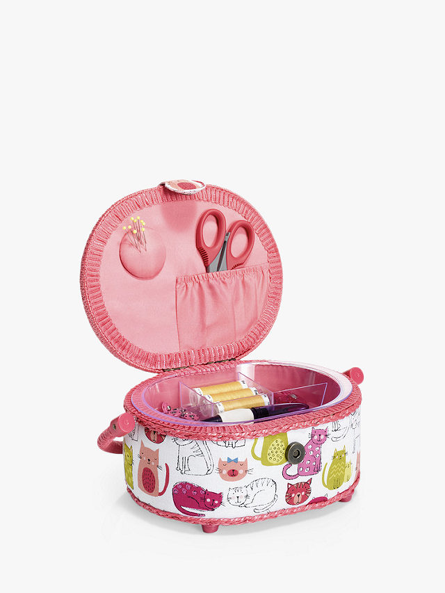 Prym Kitty Print Sewing Basket, Pink/Multi