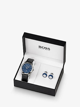 BOSS 1570092 Men's Round Cufflinks and Date Leather Strap Watch Gift Set, Black/Blue