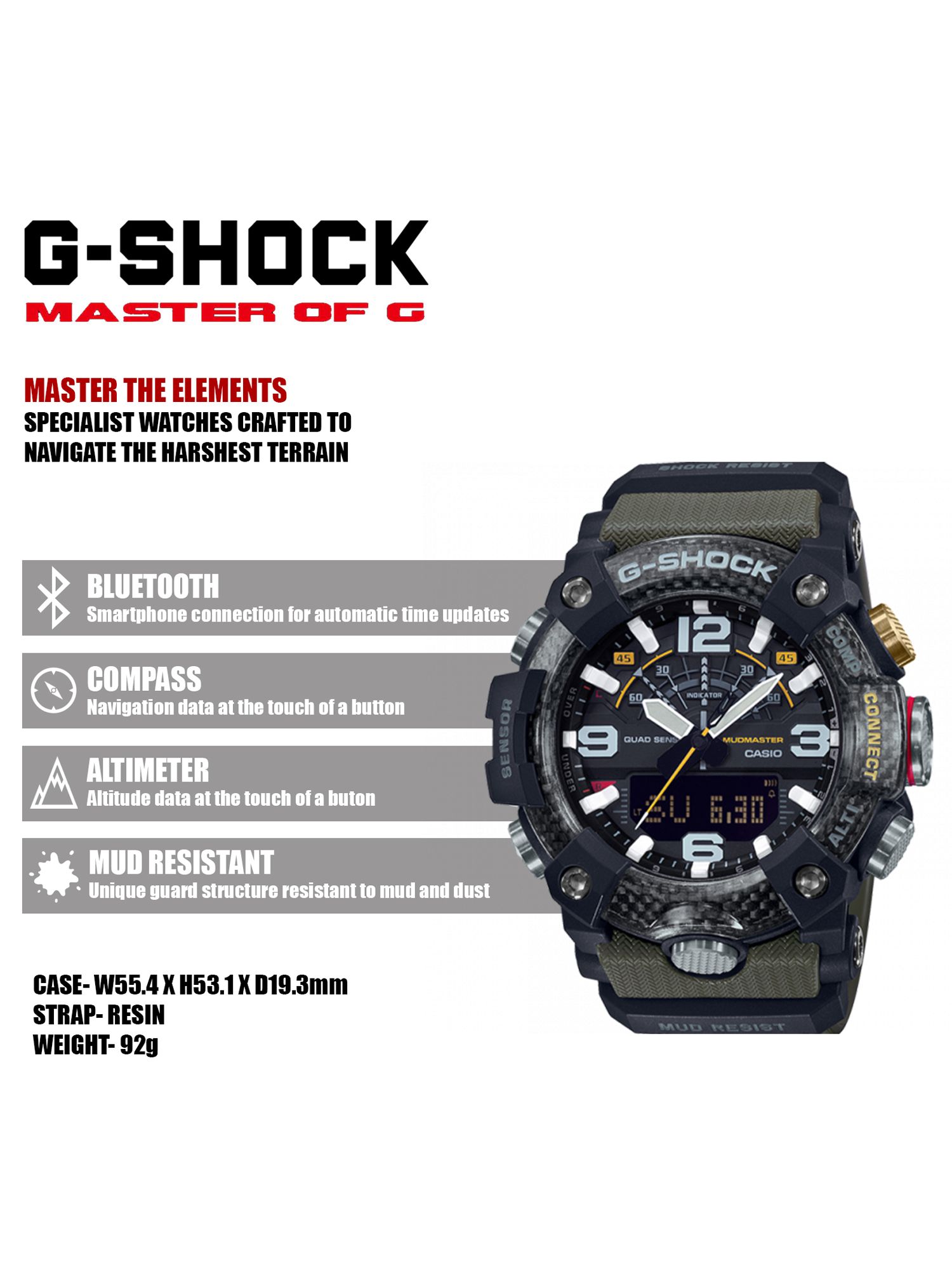 G-Shock Men's Master of G Mudmaster Bluetooth Day Resin Strap Watch, Green/Black GG-B100-1A3ER