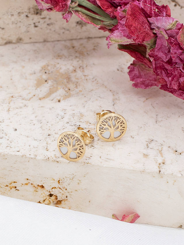 IBB 9ct Gold Mother of Pearl Life Tree Round Stud Earrings, Gold