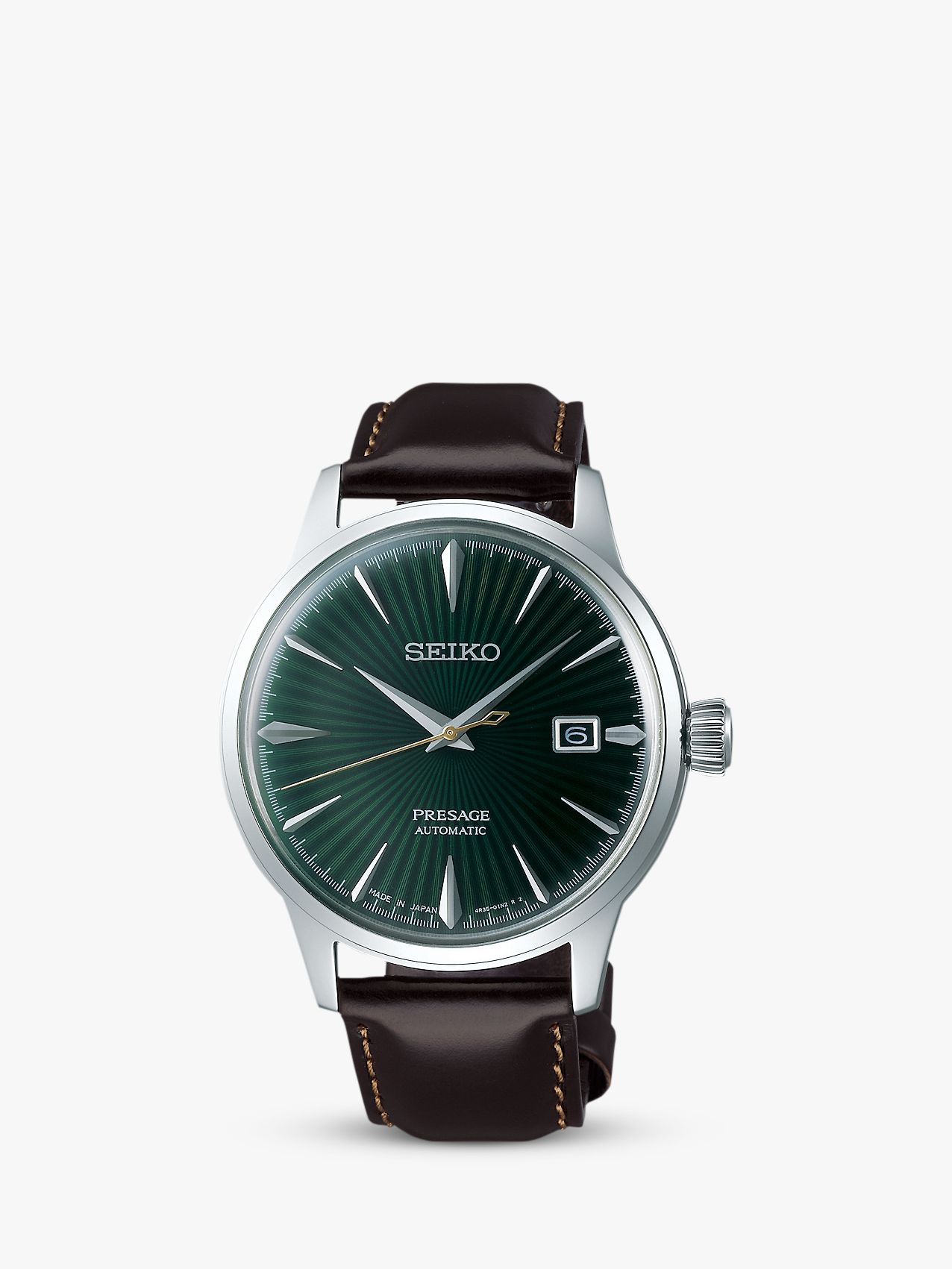Seiko Men's Presage Automatic Date Leather Strap Watch, Black/Green  SRPD37J1 at John Lewis & Partners