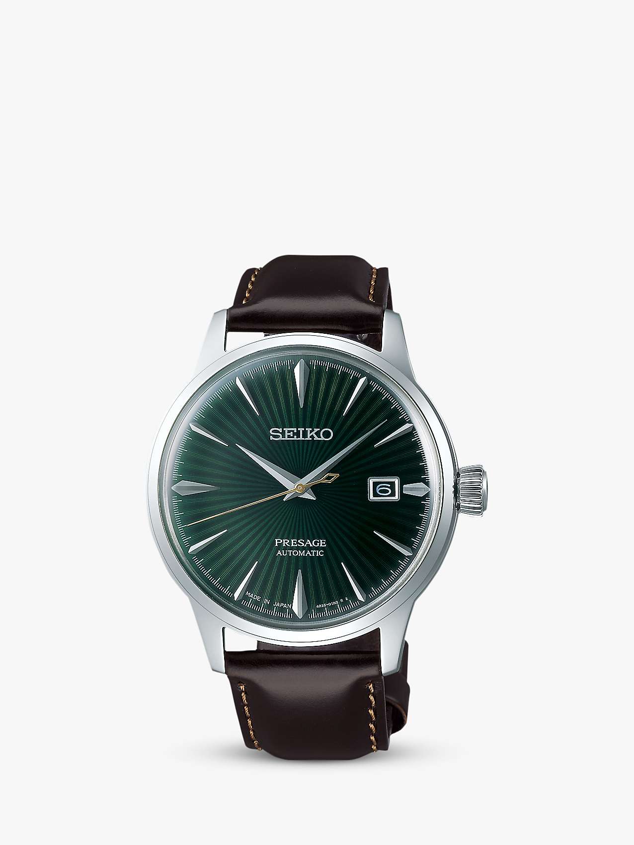 Seiko Men's Presage Automatic Date Leather Strap Watch, Black/Green  SRPD37J1 at John Lewis & Partners
