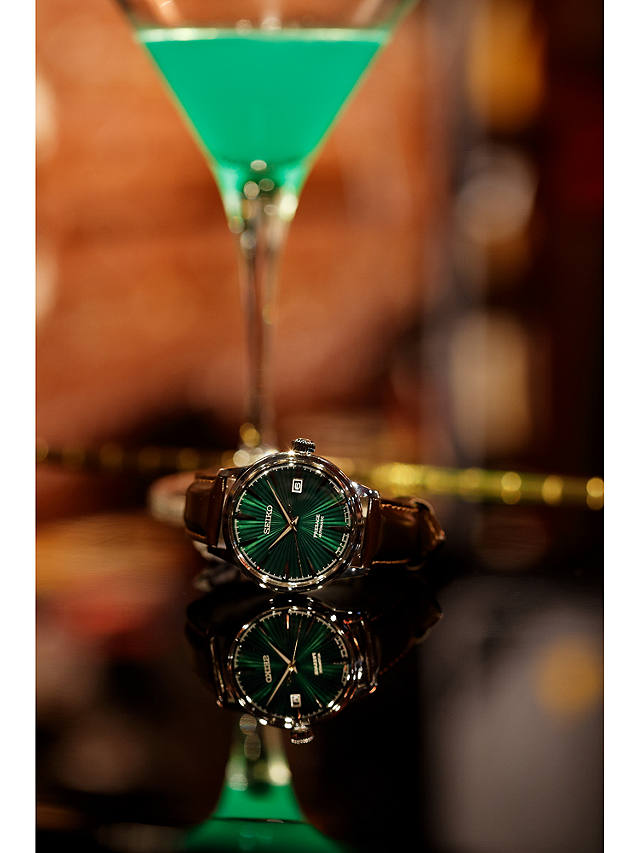 Seiko SRPD37J1 Men's Presage Automatic Date Leather Strap Watch, Black/Green
