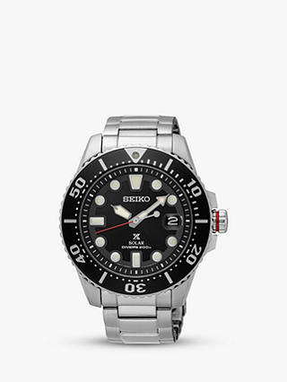 Seiko SNE551P1 Men's Prospex Divers Solar Date Bracelet Strap Watch, Silver/Black