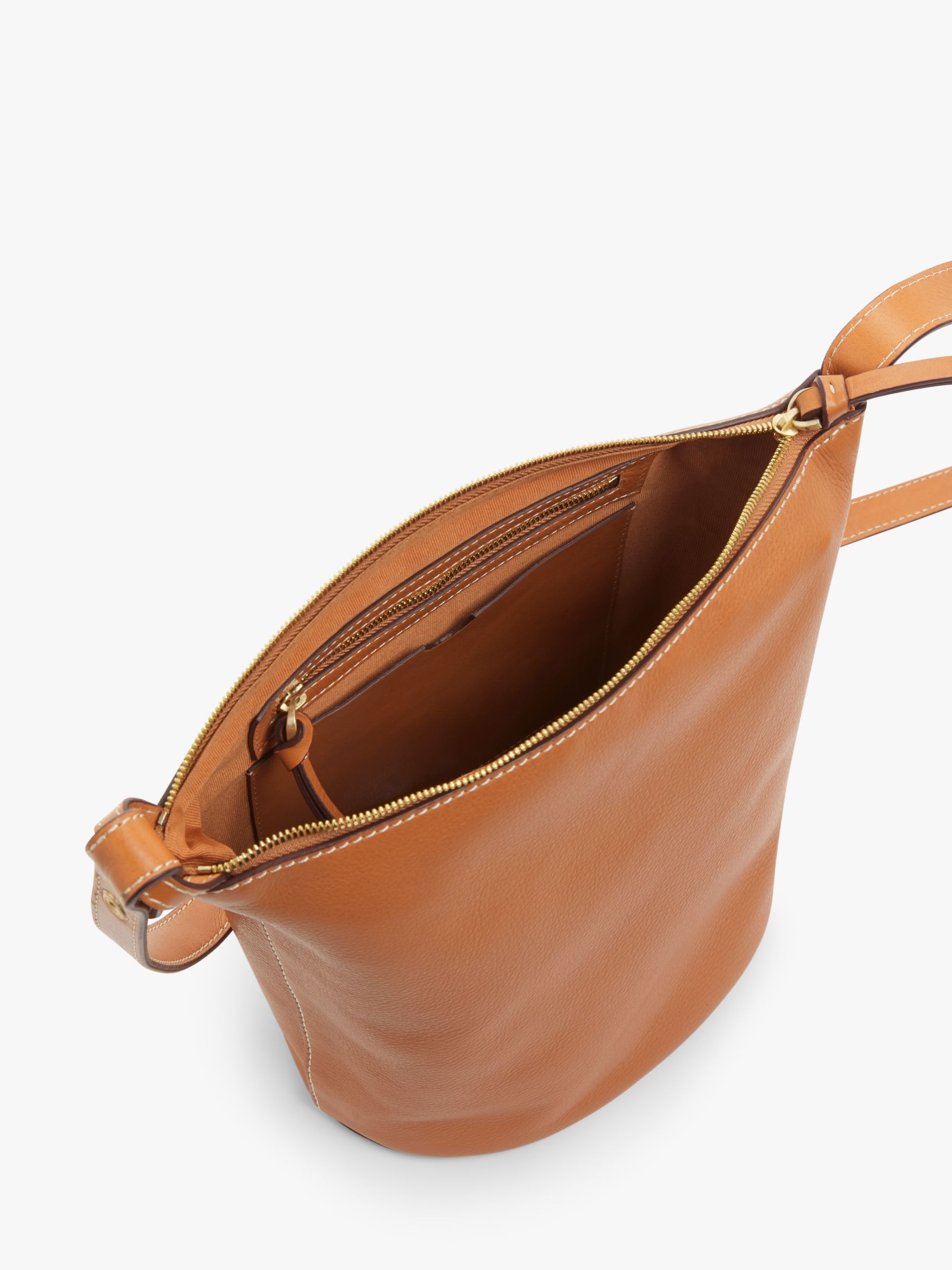 John Lewis & Partners Leather Zipped Bucket Bag, Tan at John Lewis