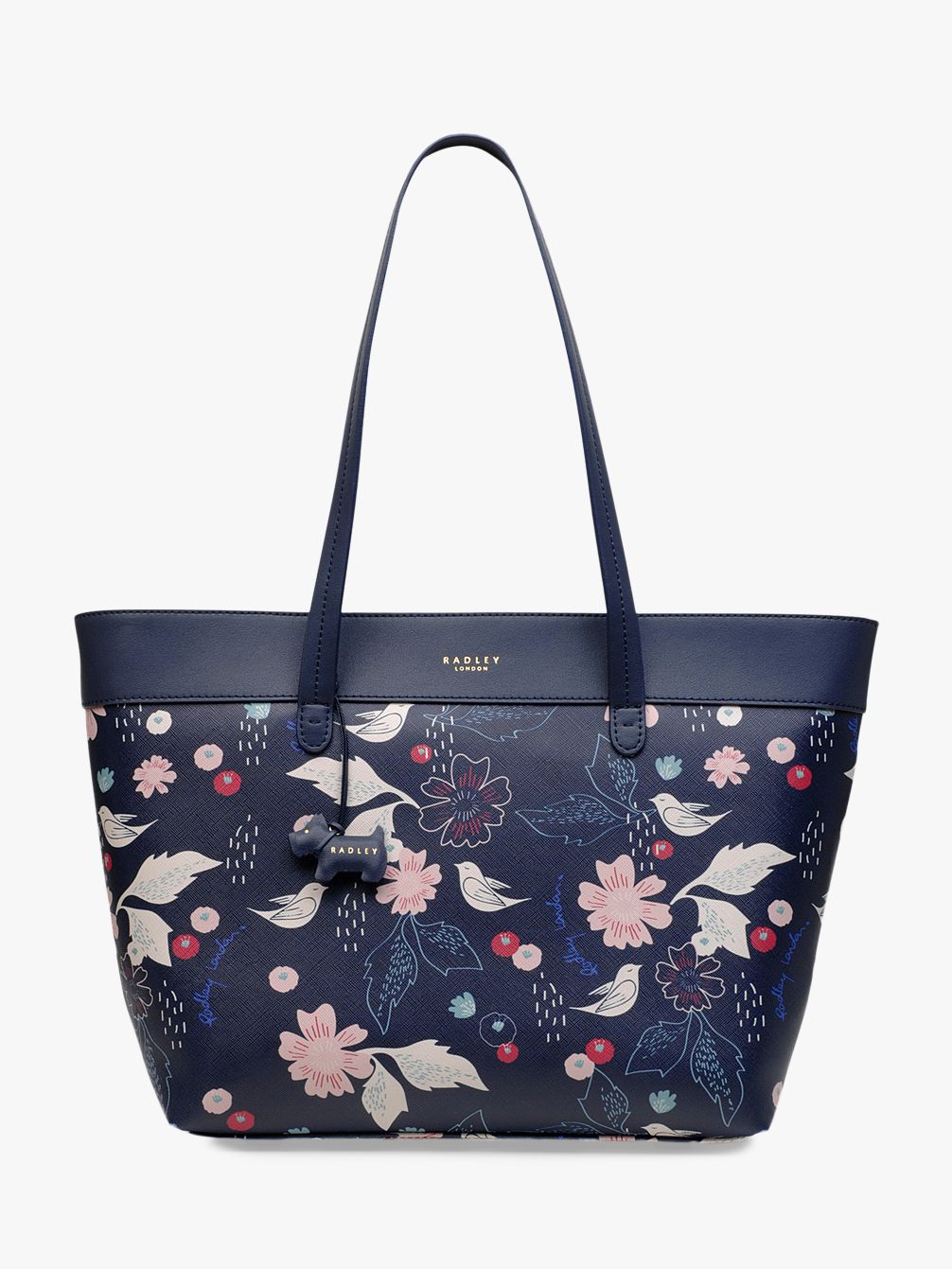 Radley Painterly Floral Canvas tote shopper bag in Cream and Ink Navy Blue