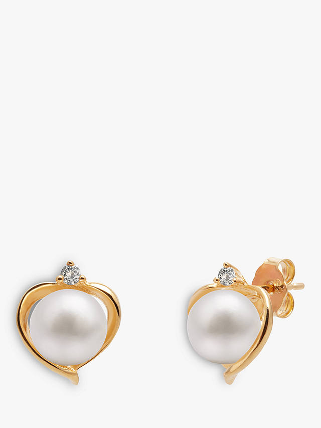 A B Davis 9ct Gold Freshwater Pearl and Topaz Heart Stud Earrings, White