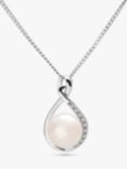 A B Davis 9ct White Gold Freshwater Pearl and Diamond Teardrop Pendant Necklace, Silver/White