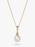 A B Davis 9ct Gold Freshwater Drop Pearl and Diamond Pendant Necklace, Gold/White