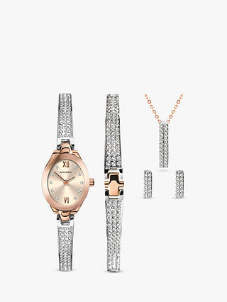 Sekonda 2924G Women's Crystal Bracelet Strap Watch, Bracelet, Necklace and Stud Earrings Jewellery Gift Set, Silver/Rose Gold