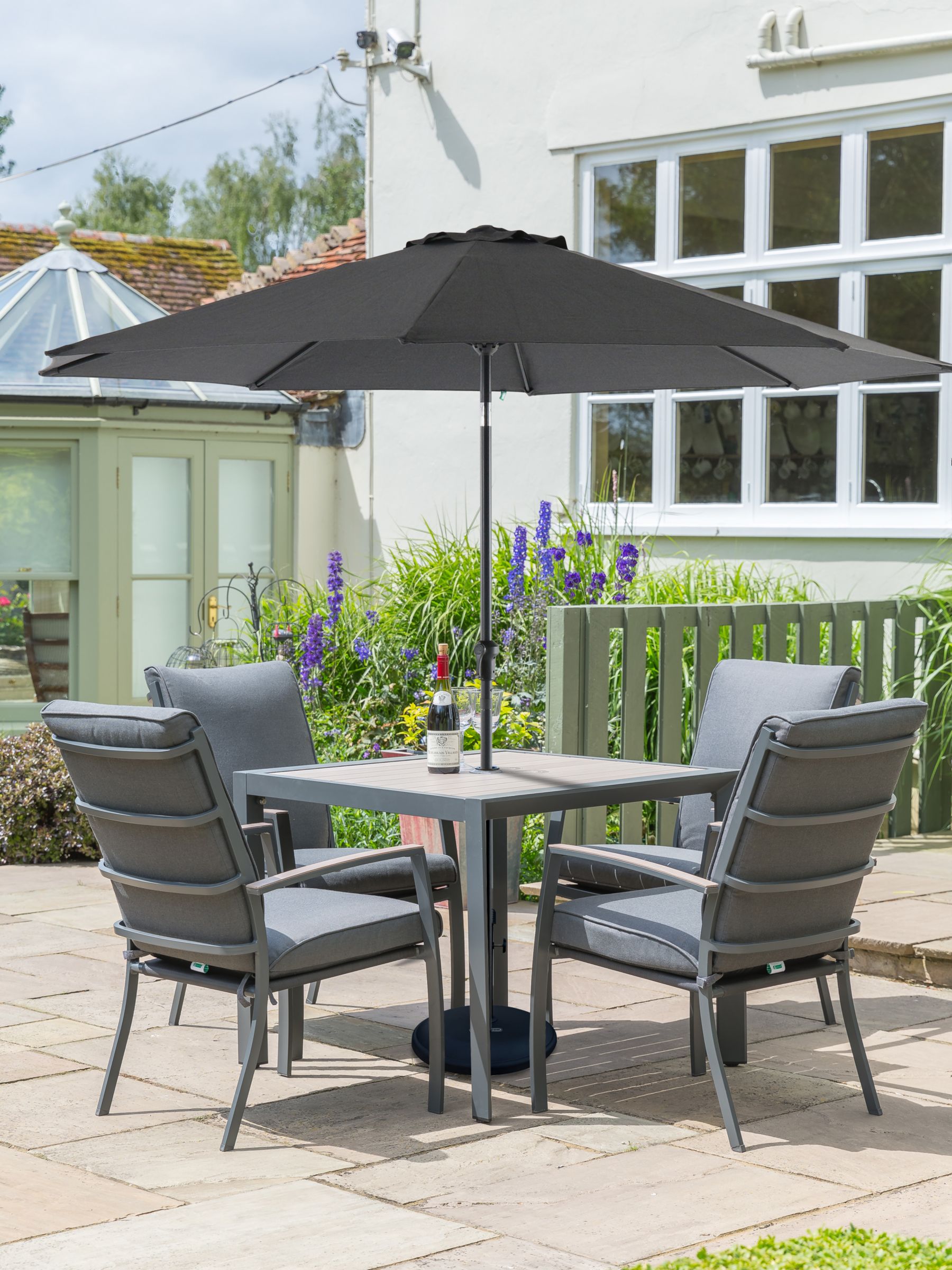 Lg Outdoor Milano 4 Seat Wood Effect Garden Dining Table Armchairs With Parasol Grey At John Lewis Partners