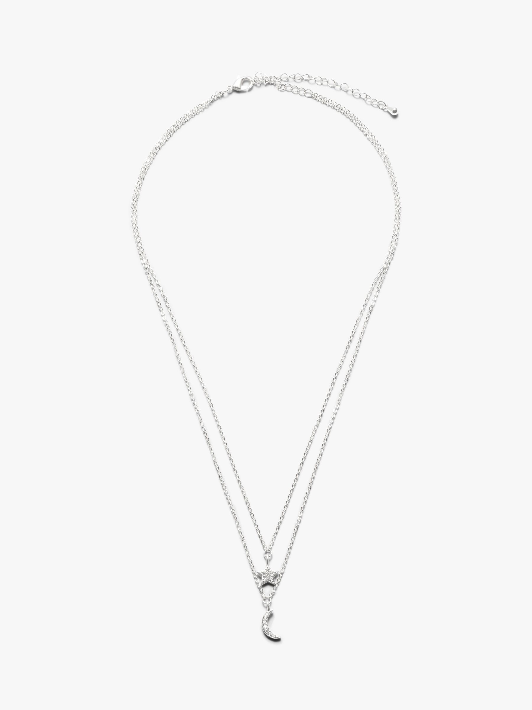 John Lewis & Partners Cubic Zirconia Star and Crescent Moon Layered Double Chain Necklace, Silver