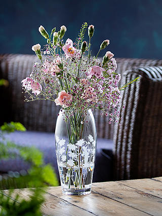 Dartington Crystal Bloom Aguilegia Glass Barrel Vase, H22cm, Clear