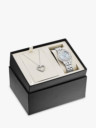 Bulova 96X144 Women's Heart Pendant Necklace and Bracelet Strap Watch Gift Set, Silver/Mother of Pearl