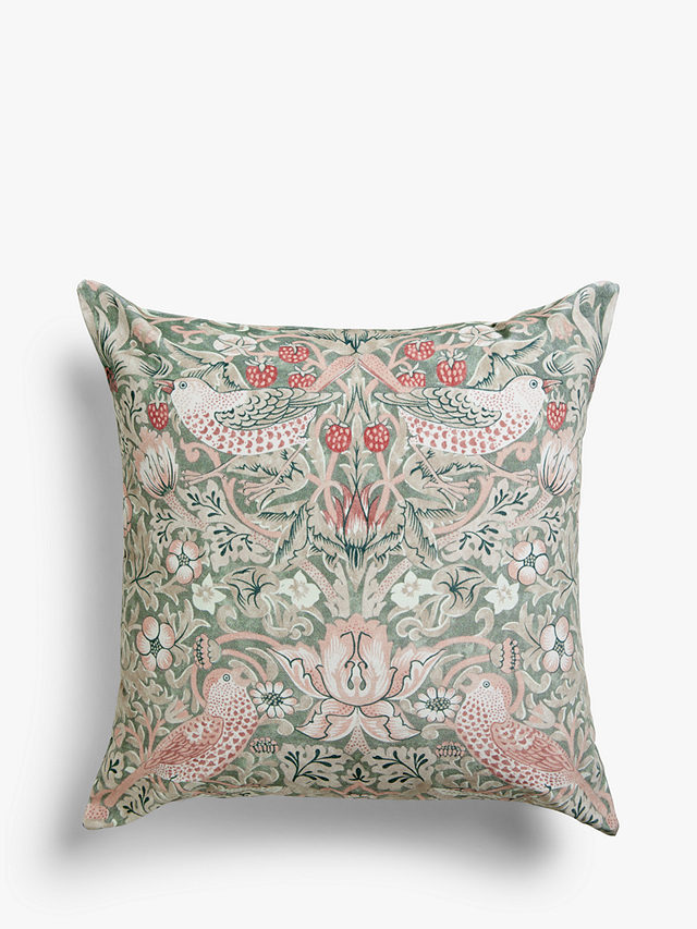 Morris & Co. Strawberry Thief Square Velvet Cushion, Green / Muti