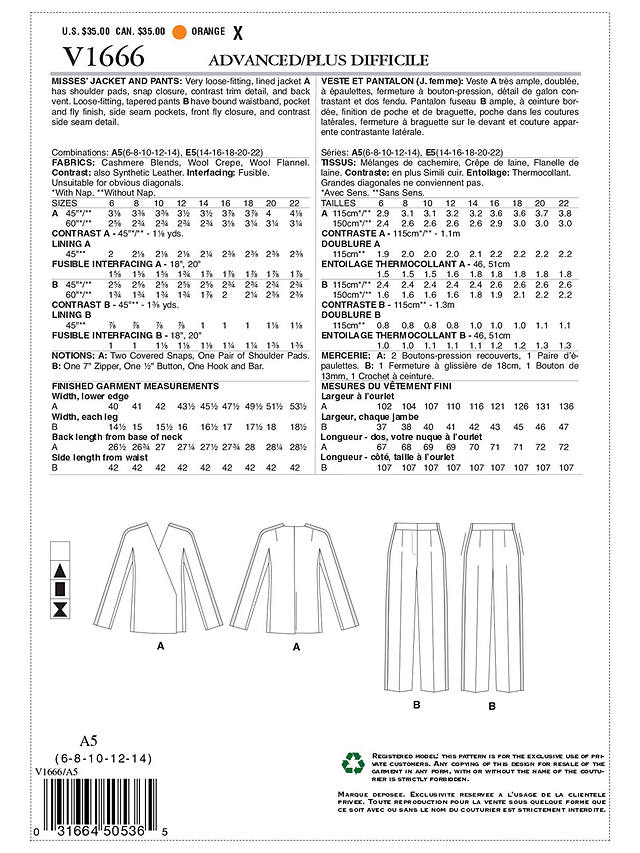 Vogue Women's Jacket and Trousers Sewing Pattern, 1666, A5
