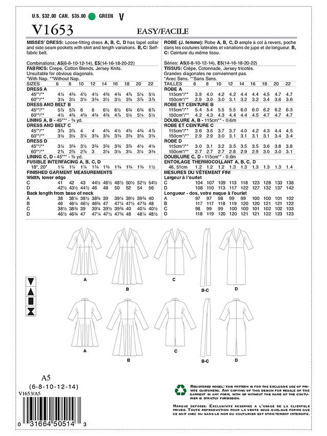 Vogue Women's Loose Fitting Dress Sewing Pattern, 1653, A5
