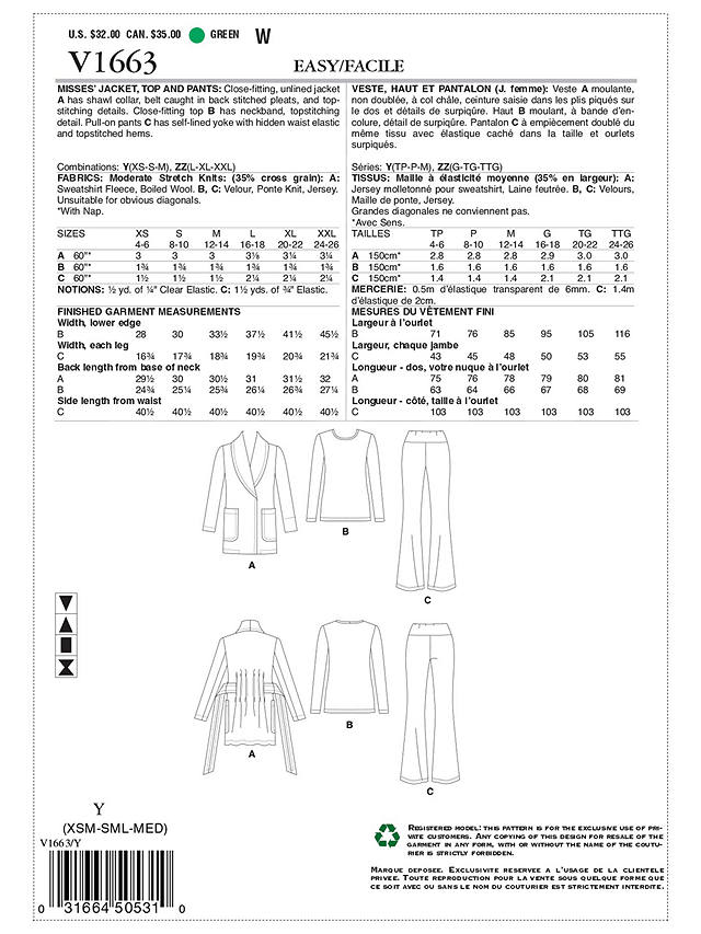 Vogue Women's Jacket, Trousers and Top Sewing Pattern, 1663, Y