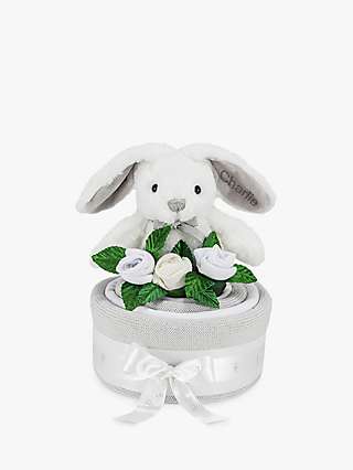Babyblooms Blanket Cake with Personalised Baby Bunny Soft Toy, Light Grey