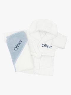 Babyblooms Personalised Baby Bathrobe with Luxury Hooded Baby Towel, 0-12 Months, White/Blue