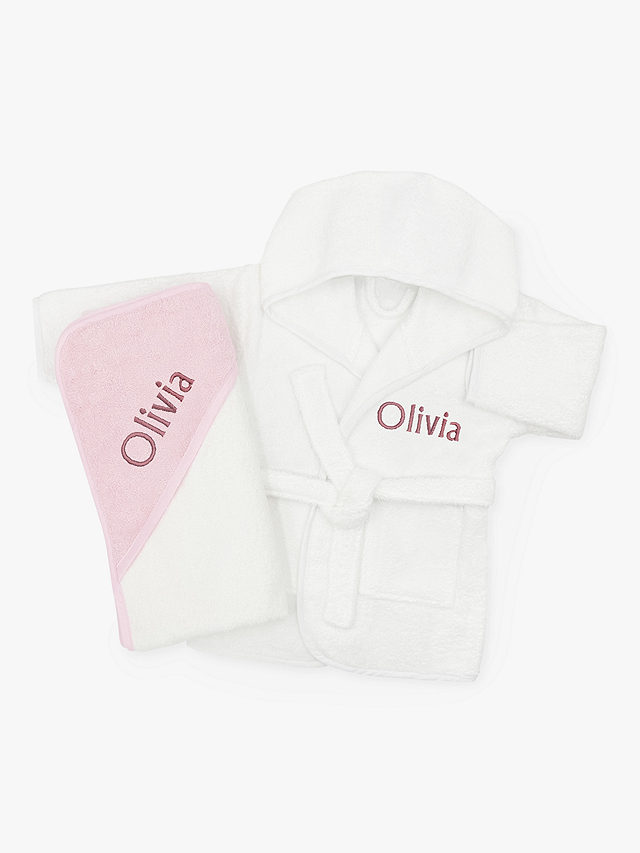 Babyblooms Personalised Baby Bathrobe with Luxury Hooded Baby Towel, 0-12 Months White/Pink