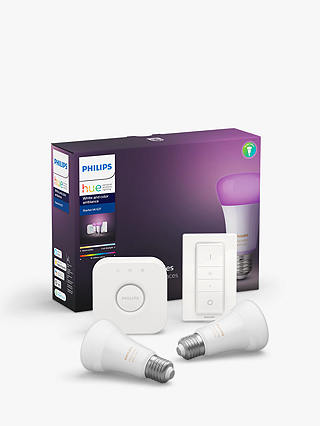 Philips Hue White and Colour Ambiance Starter Kit with 2 E27 Bulbs and Google Nest Hub Smart Speaker, Chalk