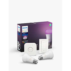 Philips Hue White and Colour Ambiance Wireless Lighting LED Starter Kit with 2 E27 Bulbs with Bluetooth, Dimmer Switch & Bridge