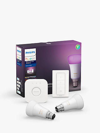 Philips Hue White and Colour Ambiance Wireless Lighting LED Starter Kit with 2 B22 Bulbs with Bluetooth, Dimmer Switch & Bridge