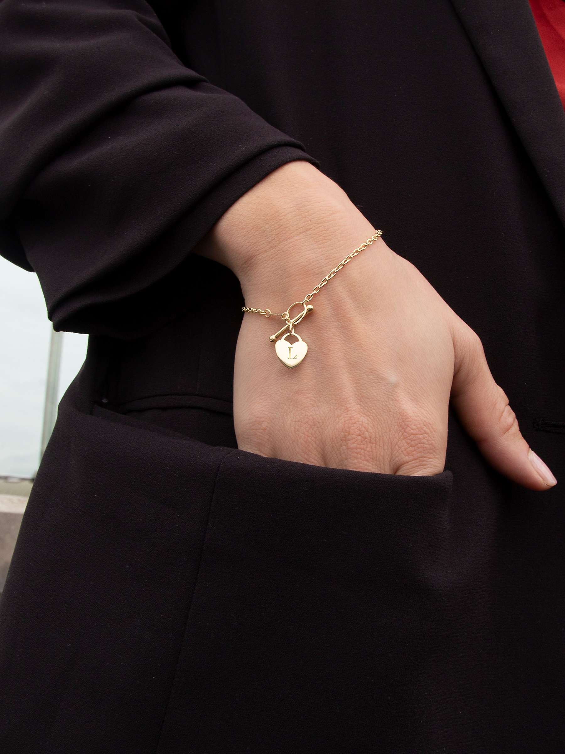 Buy IBB Personalised 9ct Gold Heart Charm T Bar Chain Bracelet, Gold Online at johnlewis.com