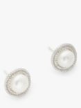 Lido Double Pave Freshwater Pearl Round Stud Earrings, Silver/White